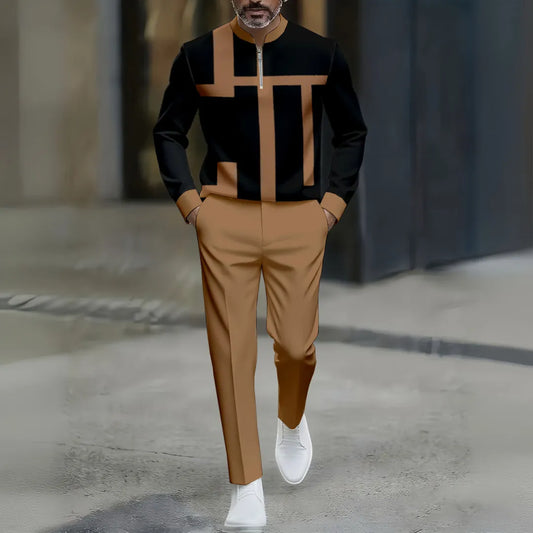 Neck Zipper Long Sleeved Trousers Two-Piece Set