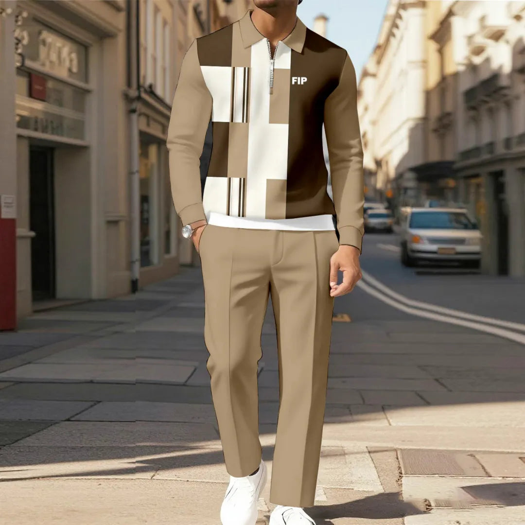 Zipper Long Sleeve Polo Long Pants Two-Piece Set