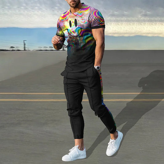Fashion Laser Gradient Smiley Face T-Shirt And Pants Co-Ord