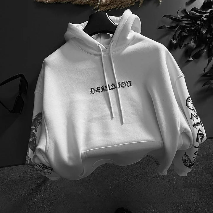 Delusion Printed Hooded Oversized Sweatshirt - DUVAL