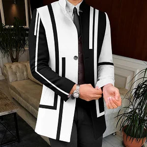 Casual Black And White Linear Art Print Coat - DUVAL