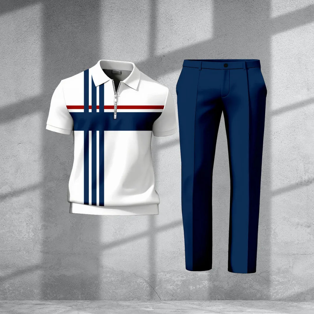 Polo-Collar Short Sleeved Trousers Two-Piece Set - DUVAL