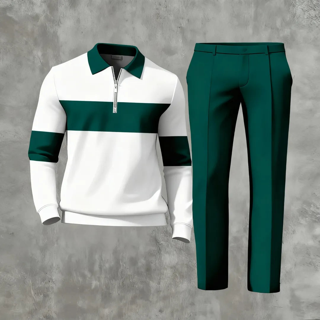 Polo-Collar Zipper Long Sleeved Trousers Two-Piece Set - DUVAL