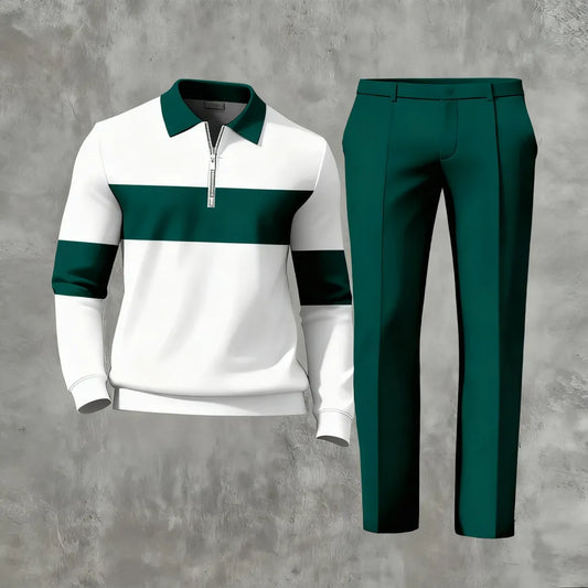 Polo-Collar Zipper Long Sleeved Trousers Two-Piece Set - DUVAL