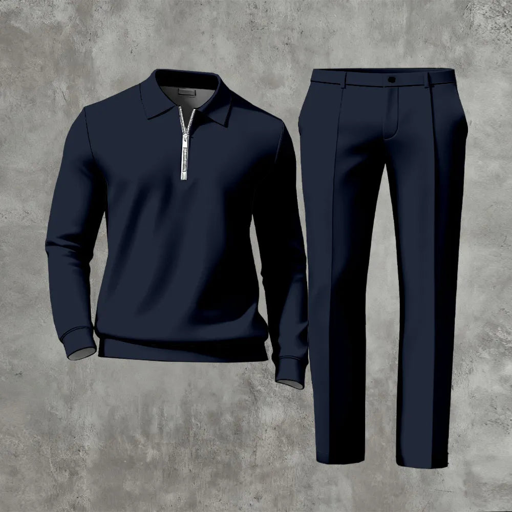 Polo-Collar Zipper Long Sleeved Trousers Two-Piece Set - DUVAL