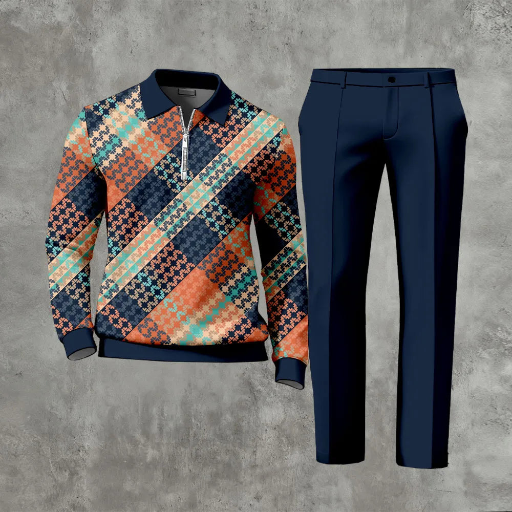 Polo-Collar Zipper Long Sleeved Trousers Two-Piece Set - DUVAL