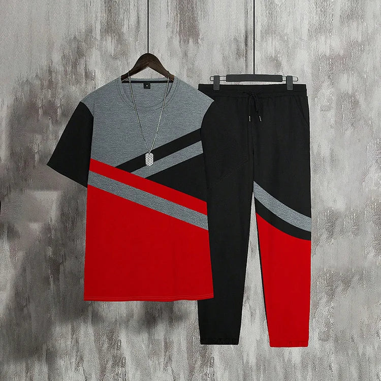 Men's Color Block Black Red T-Shirt And Pants Co-Ord