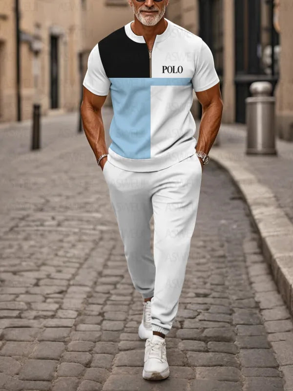 Zipper Short Sleeve Long Pants Two-Piece Set - DUVAL