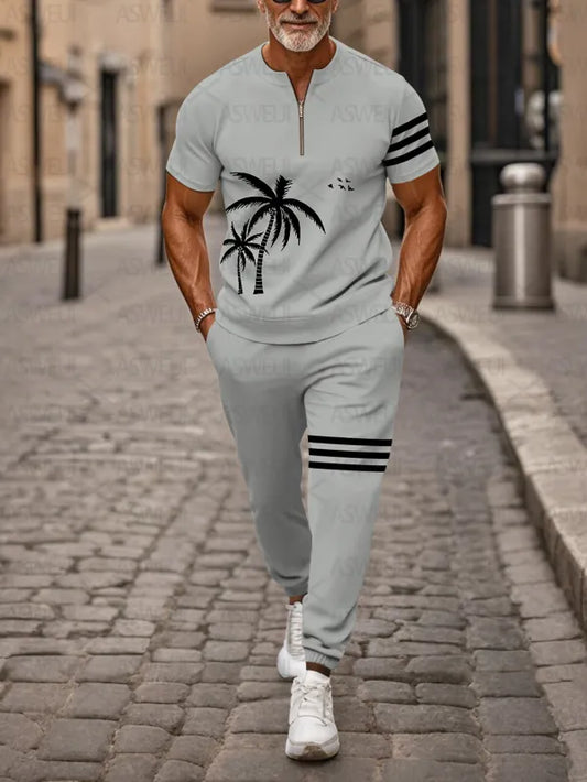 Zipper Short Sleeve Long Pants Two-Piece Set