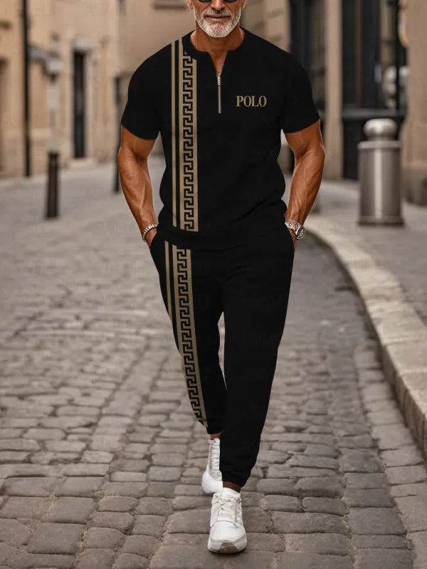 Zipper Short Sleeve Long Pants Two-Piece Set