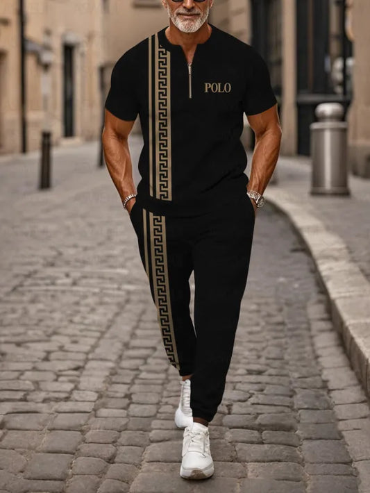 Zipper Short Sleeve Long Pants Two-Piece Set