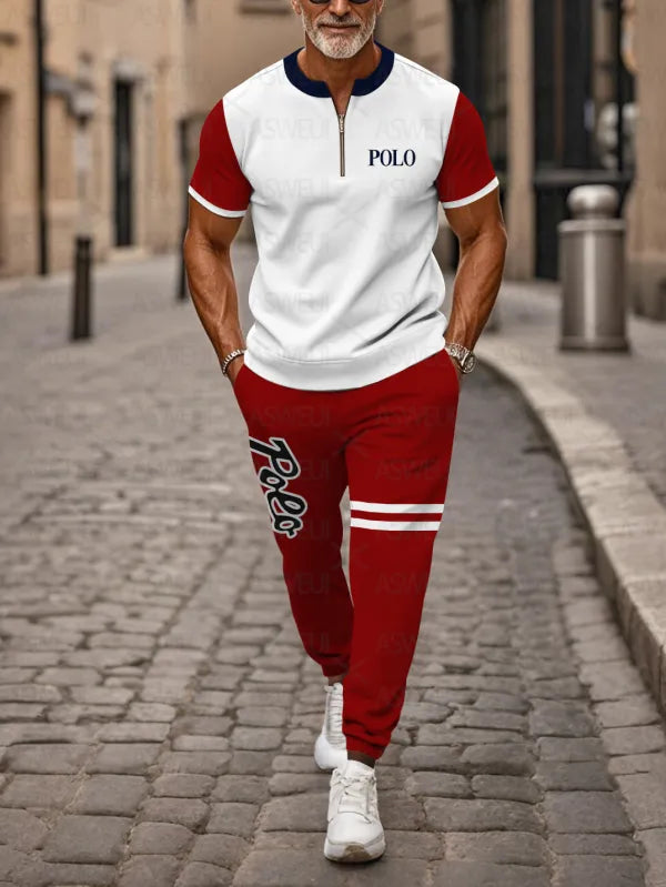 Zipper Short Sleeve Long Pants Two-Piece Set