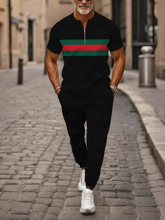 Zipper Short Sleeve Long Pants Two-Piece Set