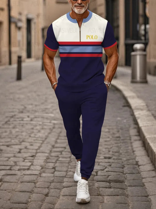 Zipper Short Sleeve Long Pants Two-Piece Set