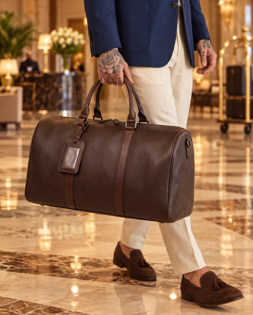 The Gstaad 55 leather travel bag in brown, carried through a hotel lobby