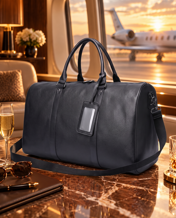 The Gstaad 55 leather travel bag in black, in a private-jet lounge
