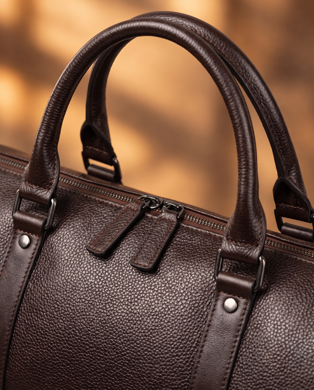 The Gstaad 44 leather travel bag in brown, handles, hardware and pebbled grain
