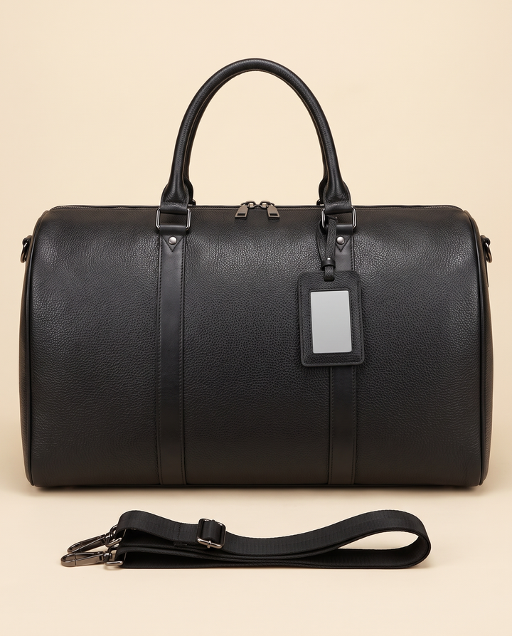 The Gstaad 55 leather travel bag in black, front with the shoulder strap