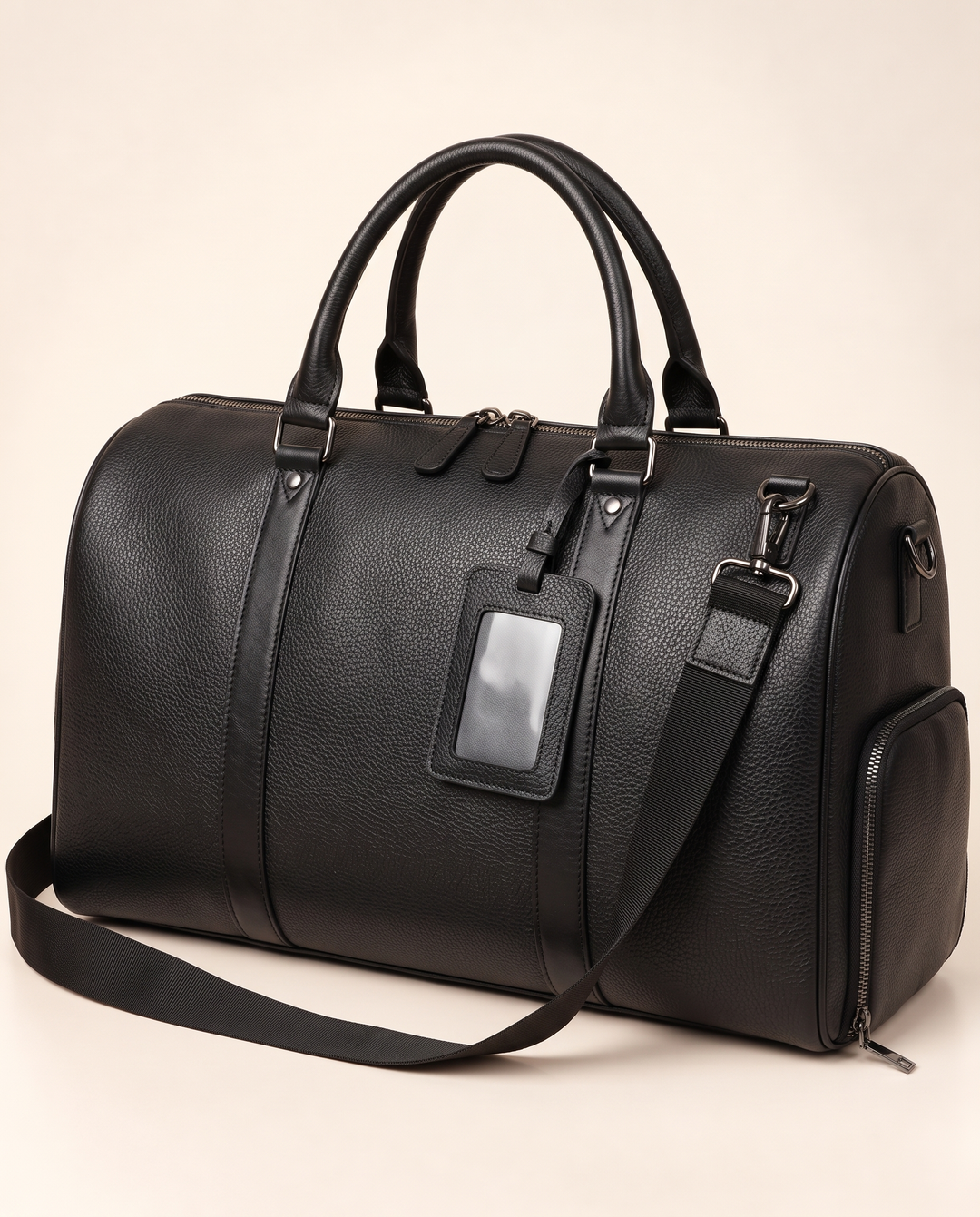 The Gstaad 55 leather travel bag in black, three-quarter view