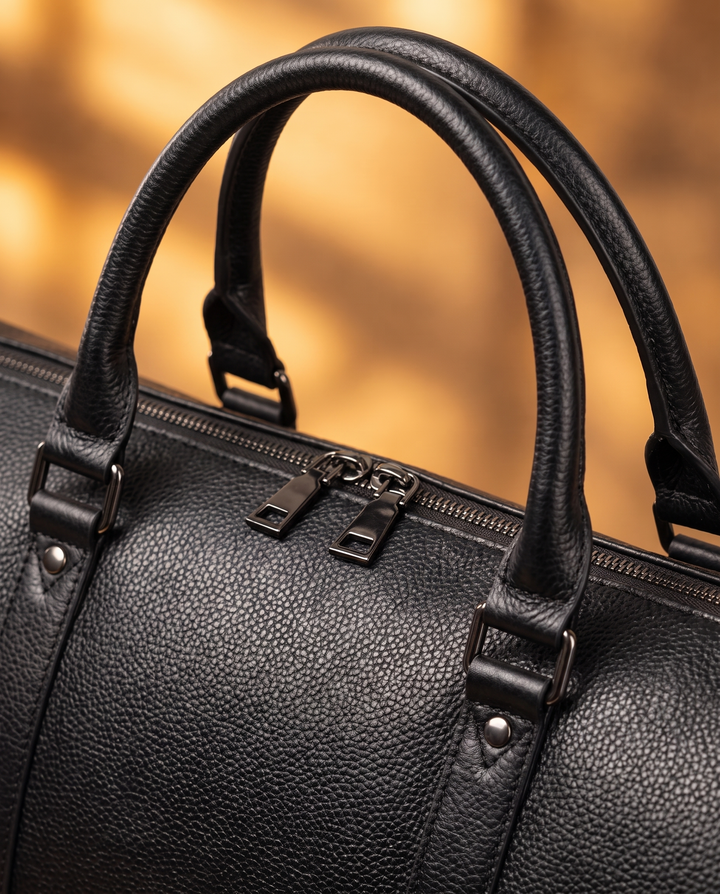 The Gstaad 44 leather travel bag in black, handles, hardware and pebbled grain