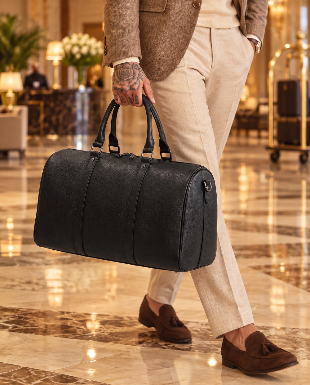 The Gstaad 44 leather travel bag in black, carried through a hotel lobby