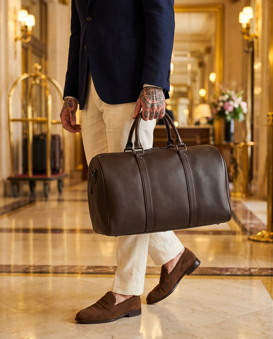 The Gstaad 44 leather travel bag in brown, carried through a hotel lobby