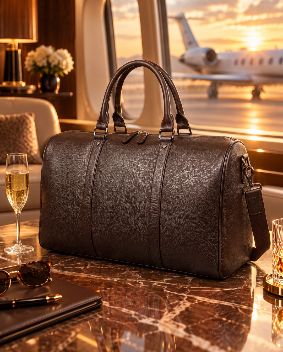 The Gstaad 44 leather travel bag in brown, in a private-jet lounge