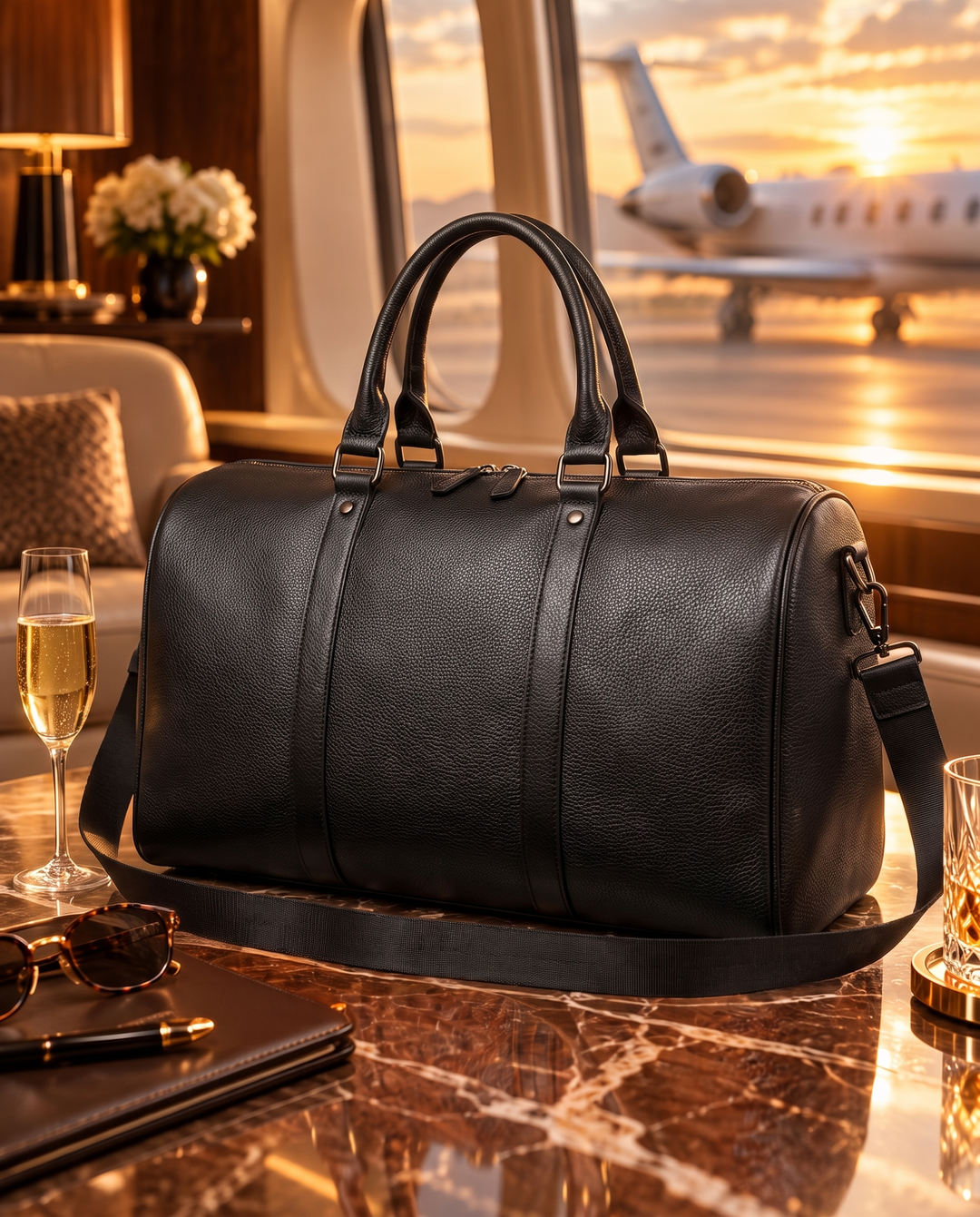 The Gstaad 44 leather travel bag in black, in a private-jet lounge