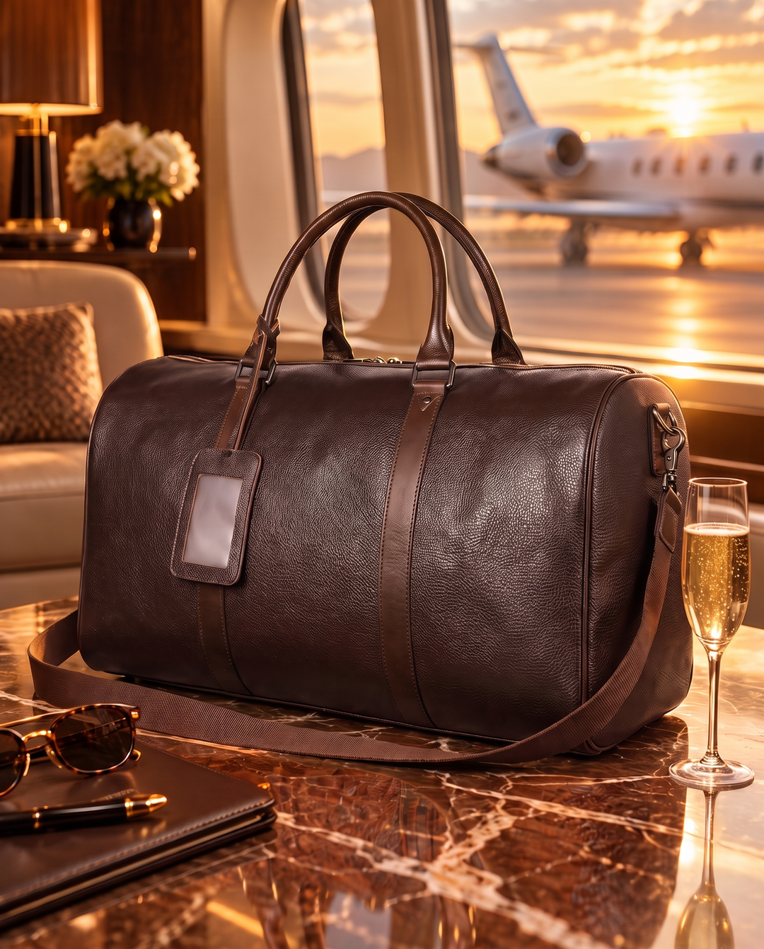 The Gstaad 55 leather travel bag in brown, in a private-jet lounge