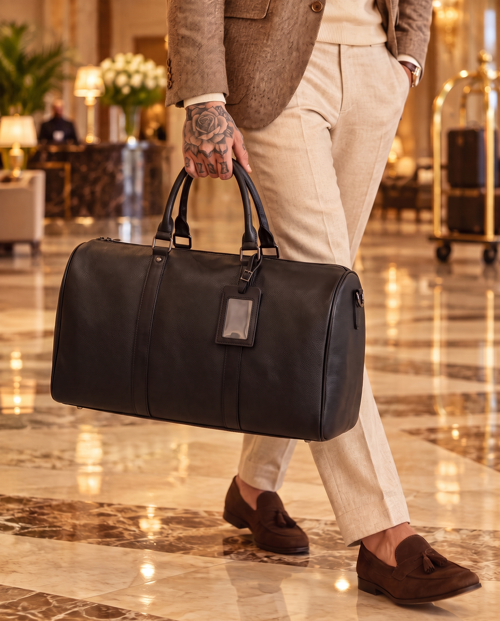 The Gstaad 55 leather travel bag in black, carried through a hotel lobby