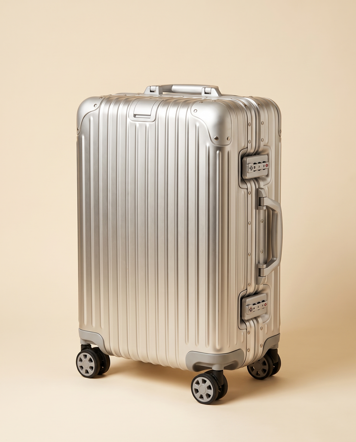 The Verbier aluminum suitcase in silver, three-quarter view on a cream studio backdrop