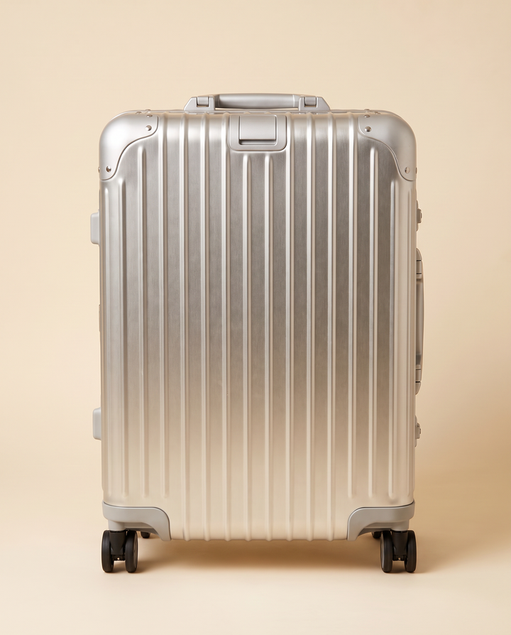 The Verbier aluminum suitcase in silver, front view