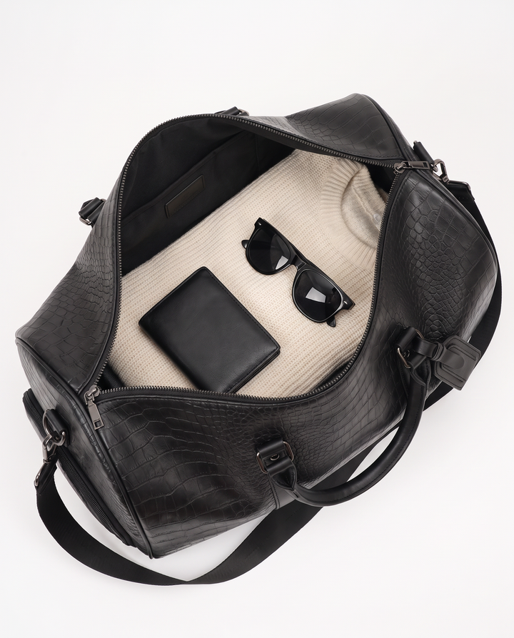 The Lucerne 50 croc weekender in black, interior