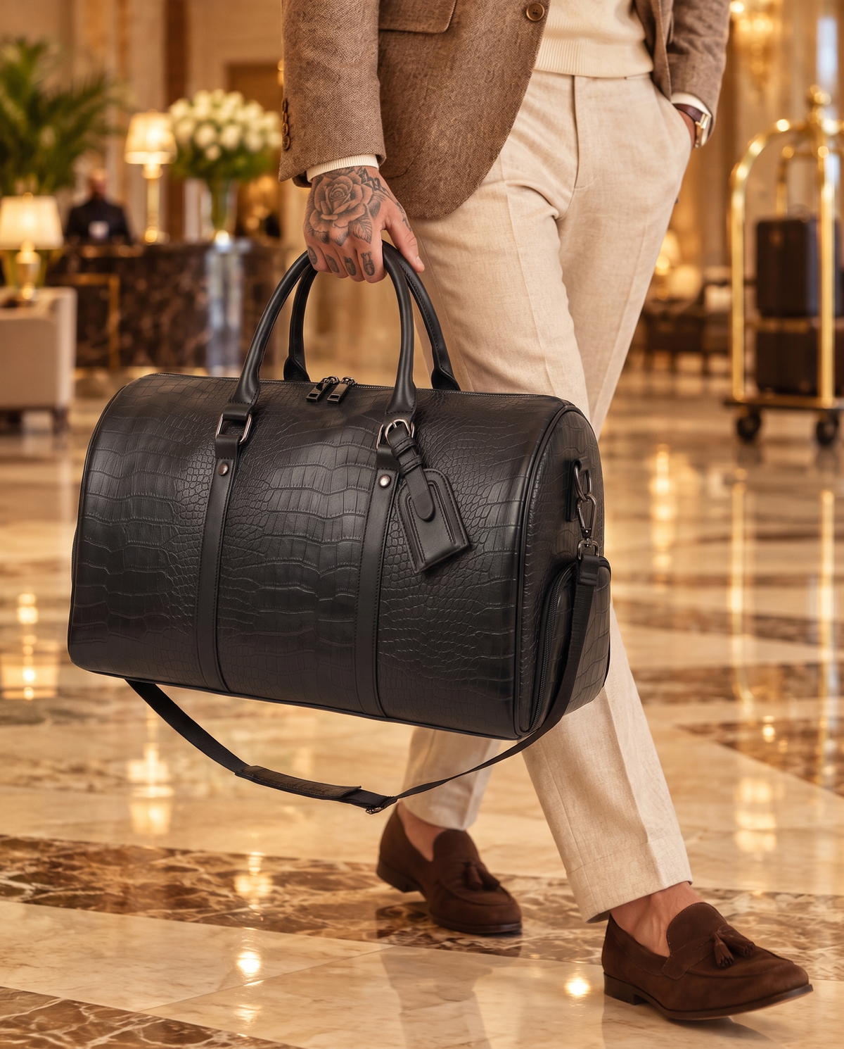 The Lucerne 50 croc weekender in black, carried through a hotel lobby