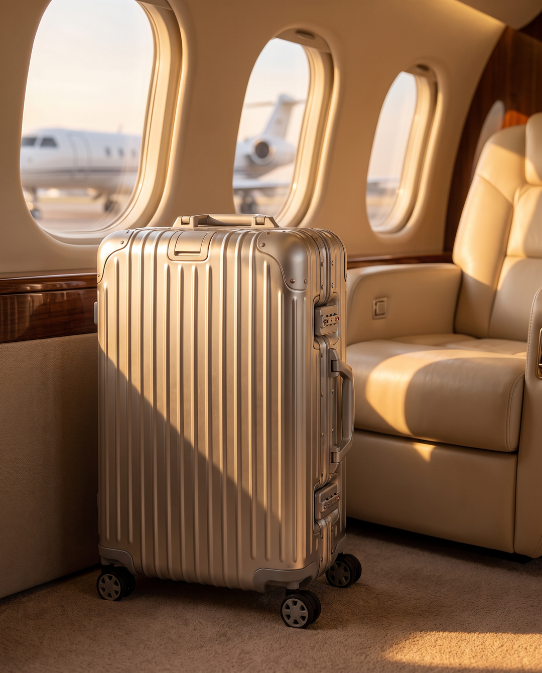 The Verbier aluminum suitcase in silver, in a private jet cabin