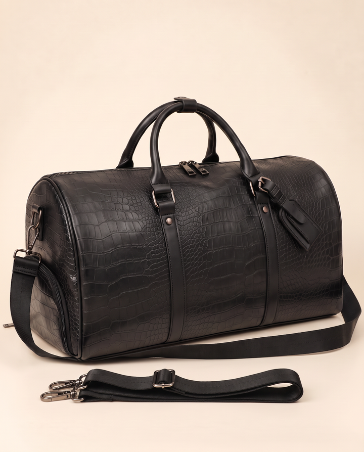 The Lucerne 50 croc weekender in black, front view