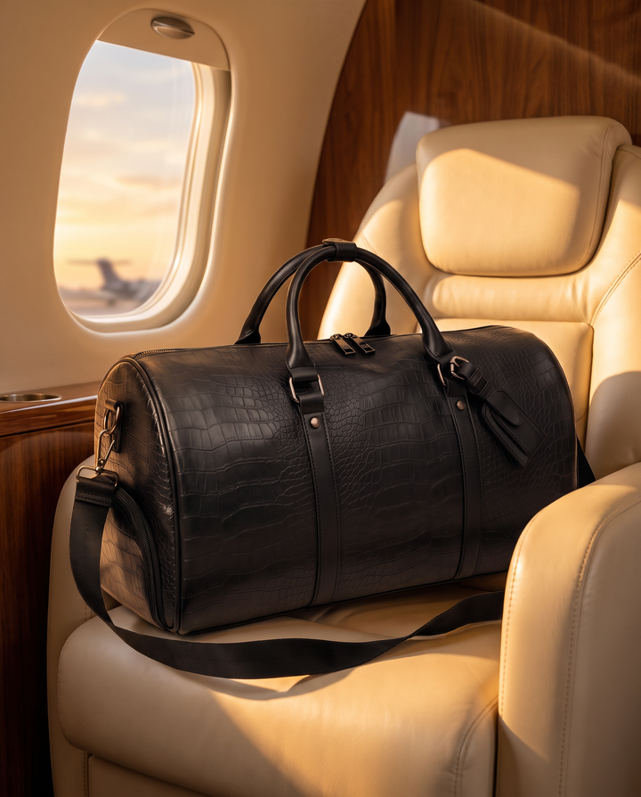 The Lucerne 50 croc weekender in black, in a private jet cabin