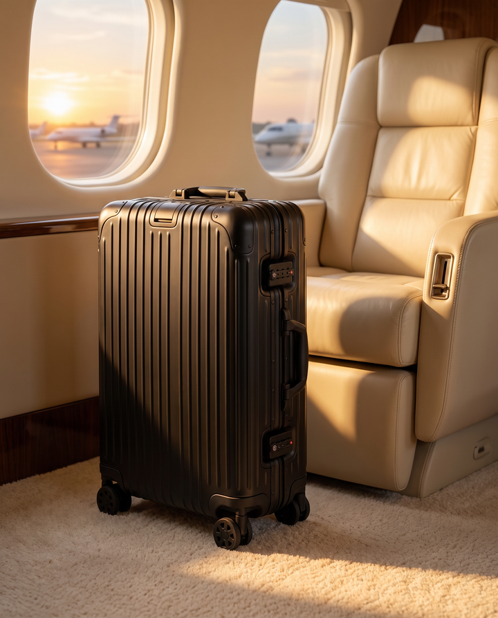 The Verbier aluminum suitcase in black, in a private jet cabin