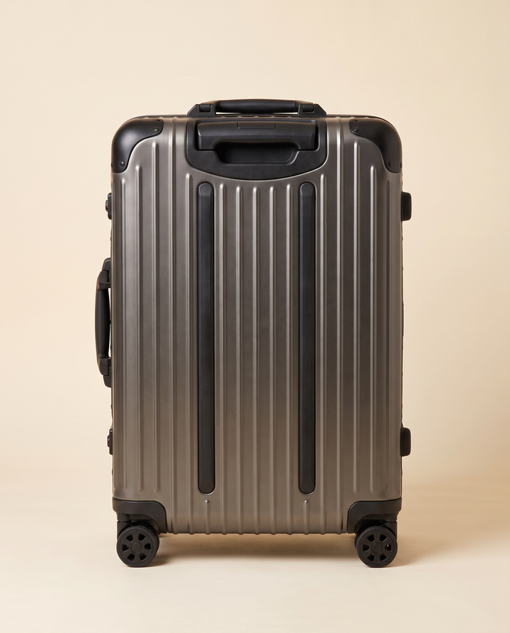 The Verbier aluminum suitcase in gunmetal, back view