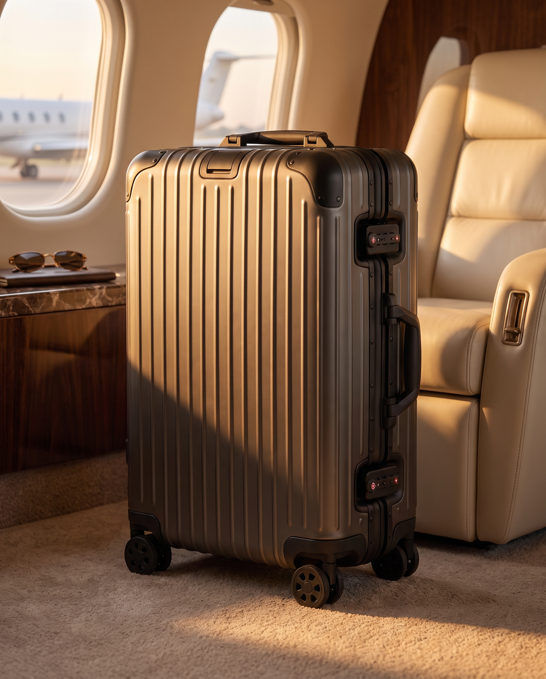 The Verbier aluminum suitcase in gunmetal, in a private jet cabin
