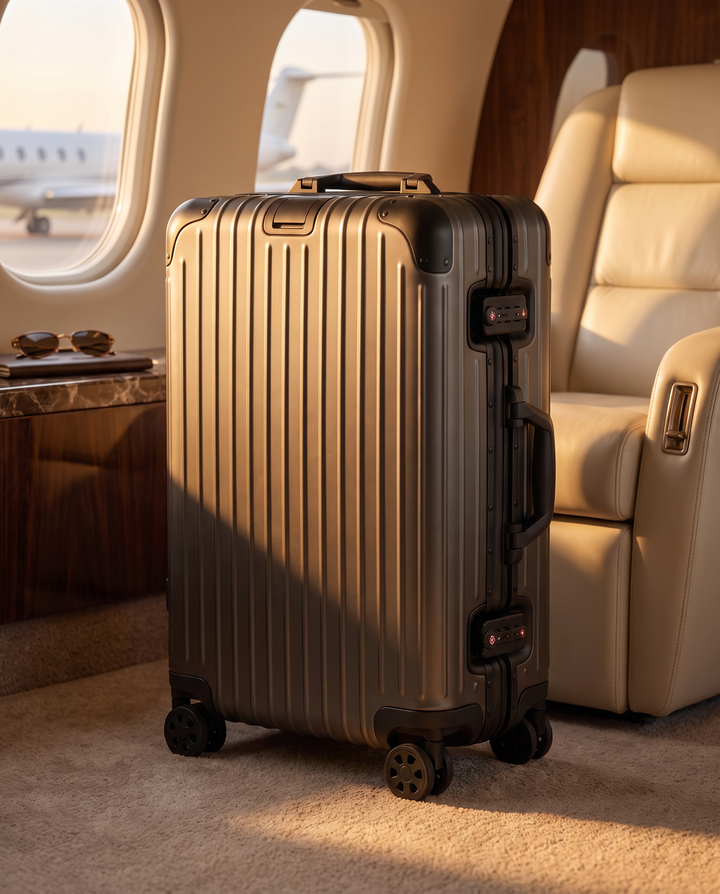 The Verbier aluminum suitcase in gunmetal, in a private jet cabin