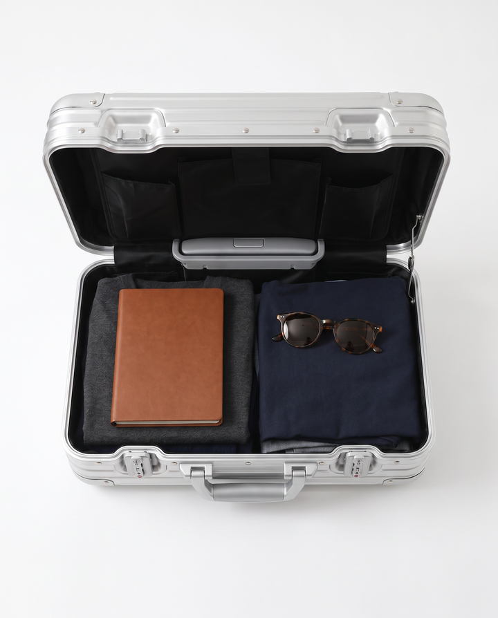 The Cap Ferrat 48 aluminum pilot case in silver, interior