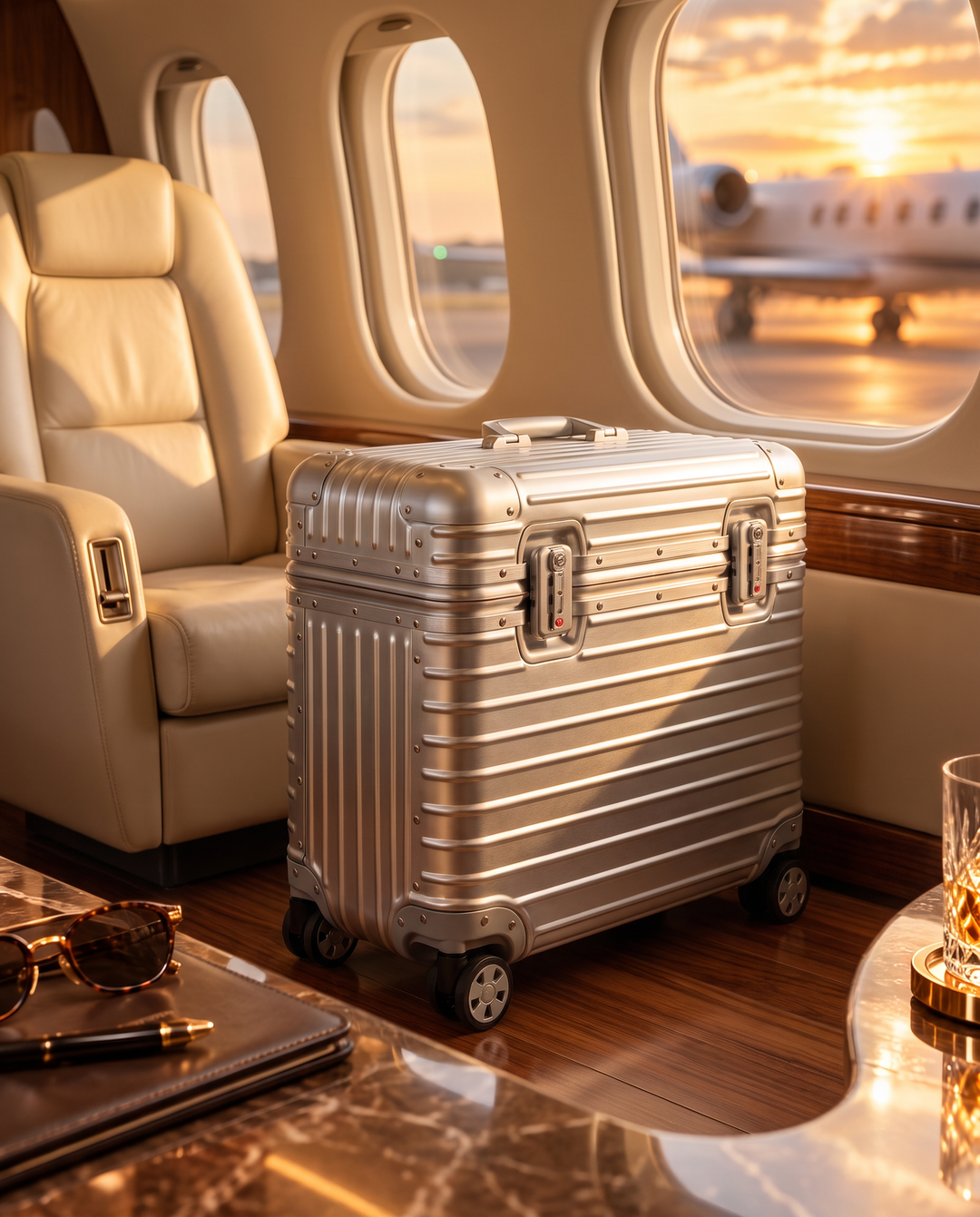 The Cap Ferrat 48 aluminum pilot case in silver, in a private jet cabin