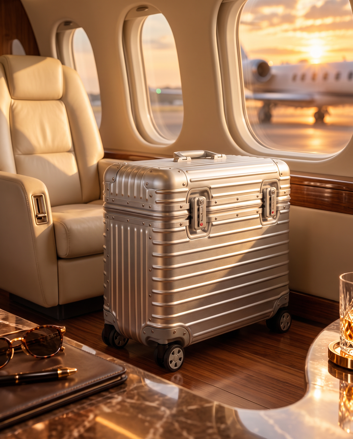 The Cap Ferrat 48 aluminum pilot case in silver, in a private jet cabin