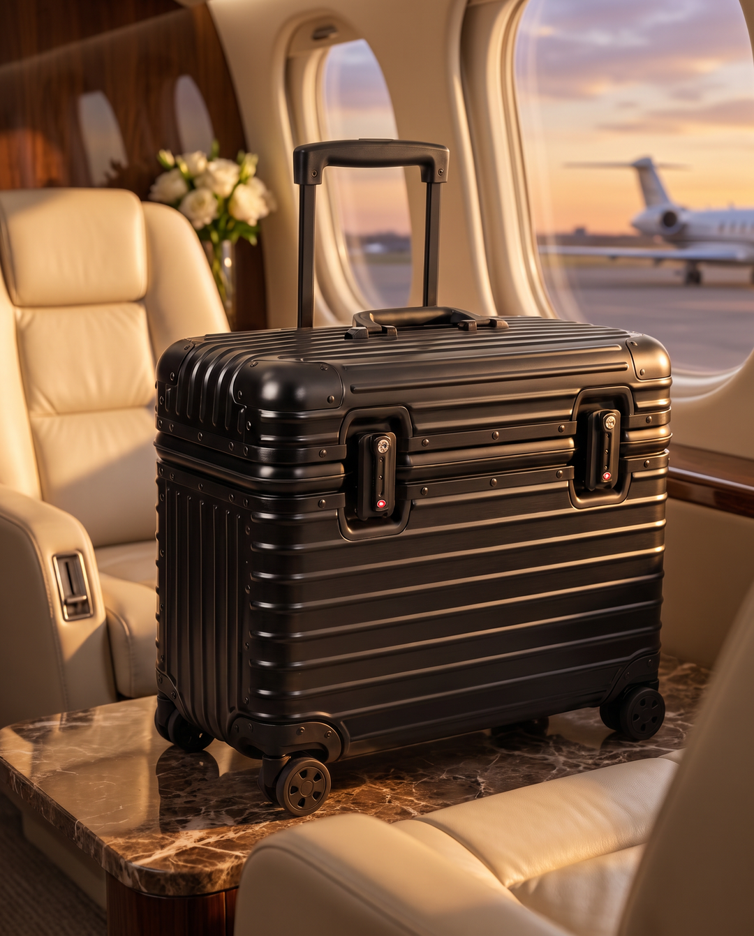 The Cap Ferrat 48 aluminum pilot case in black, in a private jet cabin