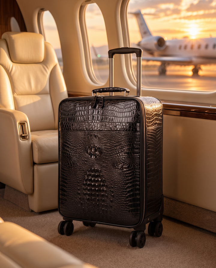 The Zermatt 58 crocodile trolley case in black, in a private jet cabin