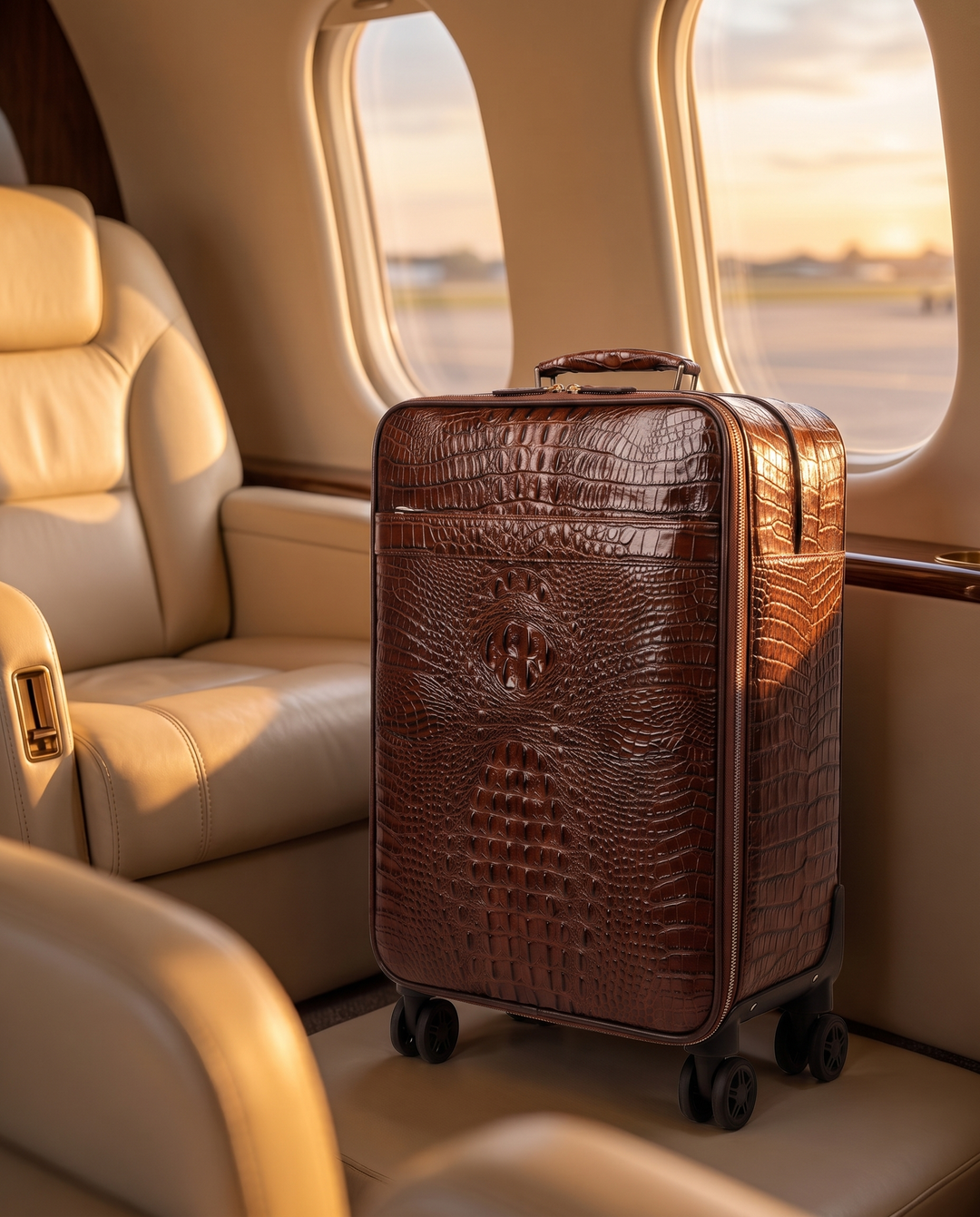 The Zermatt 58 crocodile trolley case in coffee brown, in a private jet cabin