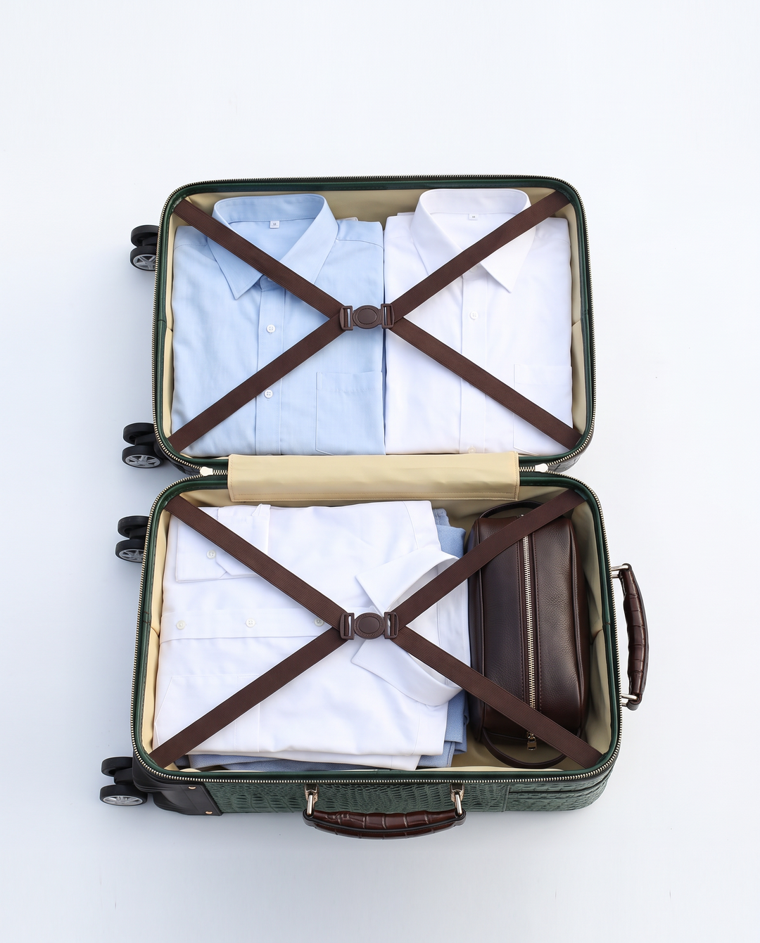 The Zermatt 58 crocodile trolley case in green, interior