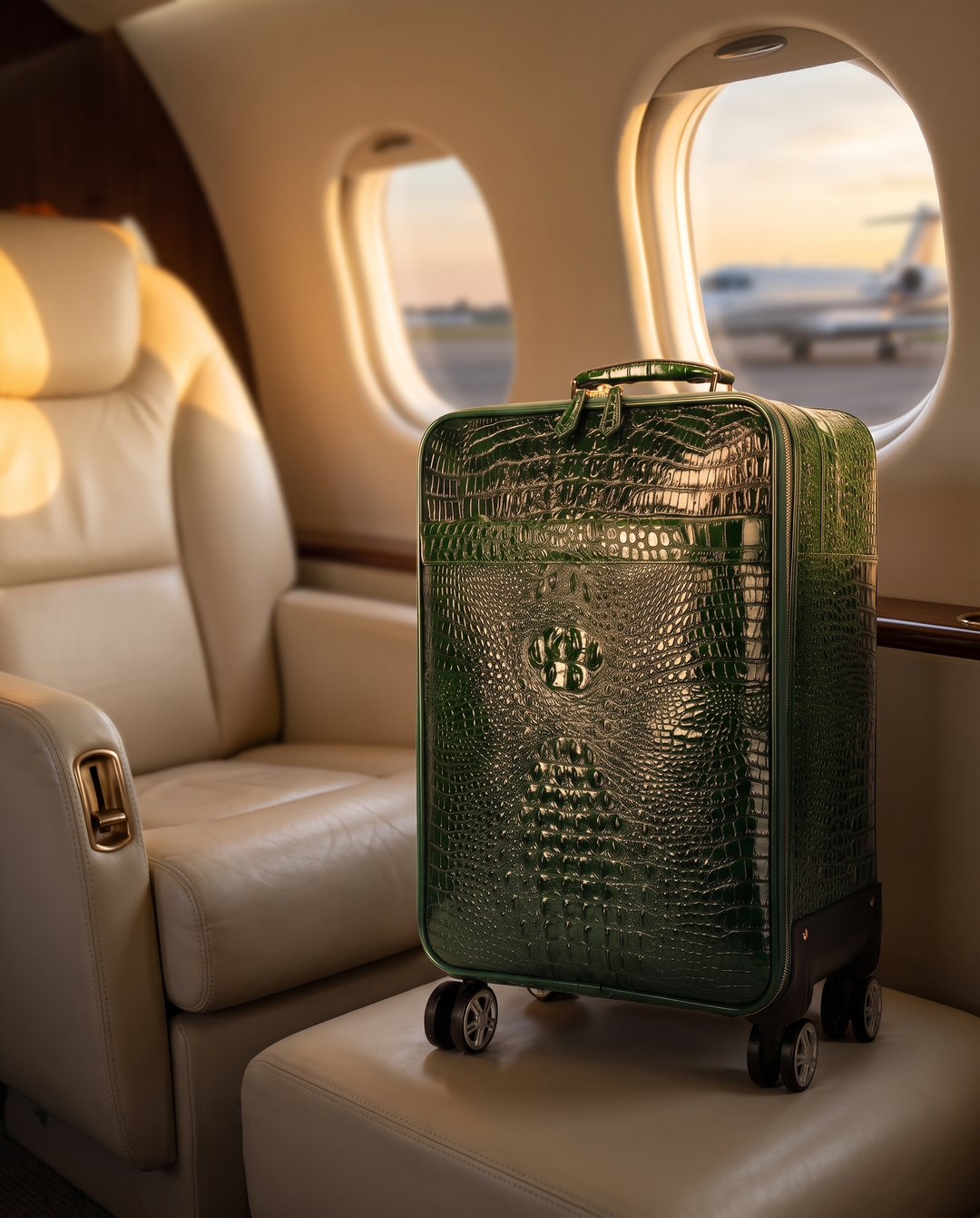 The Zermatt 58 crocodile trolley case in green, in a private jet cabin
