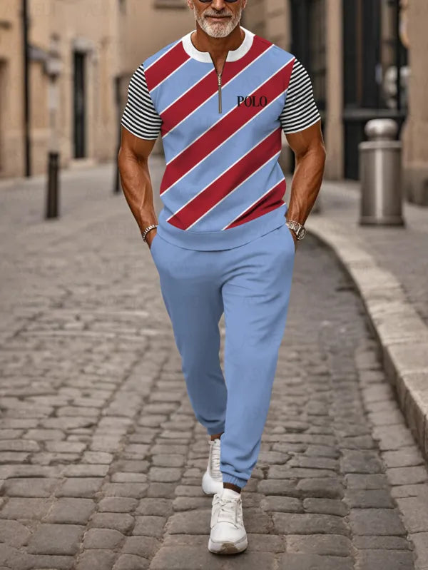 Zipper Short Sleeve Long Pants Two-Piece Set